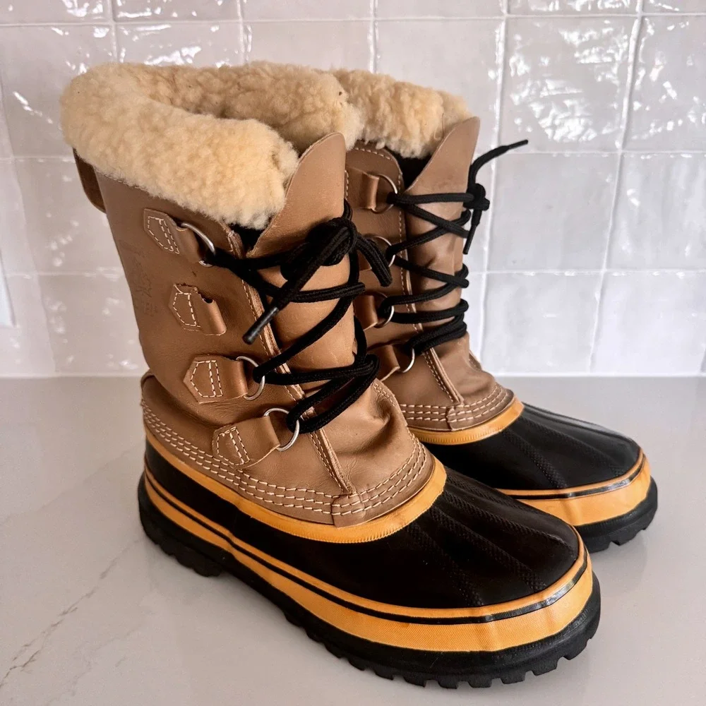 Sorel Caribou Winter Boots Women 6 Tan Waterproof‎ Leather Shearling Fleece READ